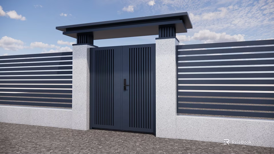 Modern Entrance Gate With White Pillars and Roofed Top Alongside Striped Fence Under Blue Sky 3d model 