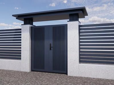 Modern Entrance Gate With White Pillars and Roofed Top Alongside Striped Fence Under Blue Sky 3d model