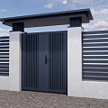 Modern Entrance Gate With White Pillars and Roofed Top Alongside Striped Fence Under Blue Sky