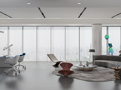 Modern Office Interior With Large Windows City View Sofa And Comfortable Furniture 3d model