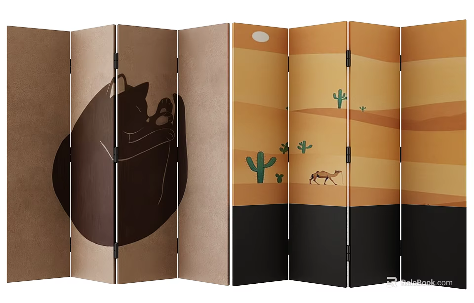 Folding Screen With Artistic Cat Cactus And Desert Patterns For Home Decor 3d model