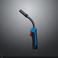 Handheld Blue And Black Weapon With Curved Metal Tube And Ergonomic Grip Design