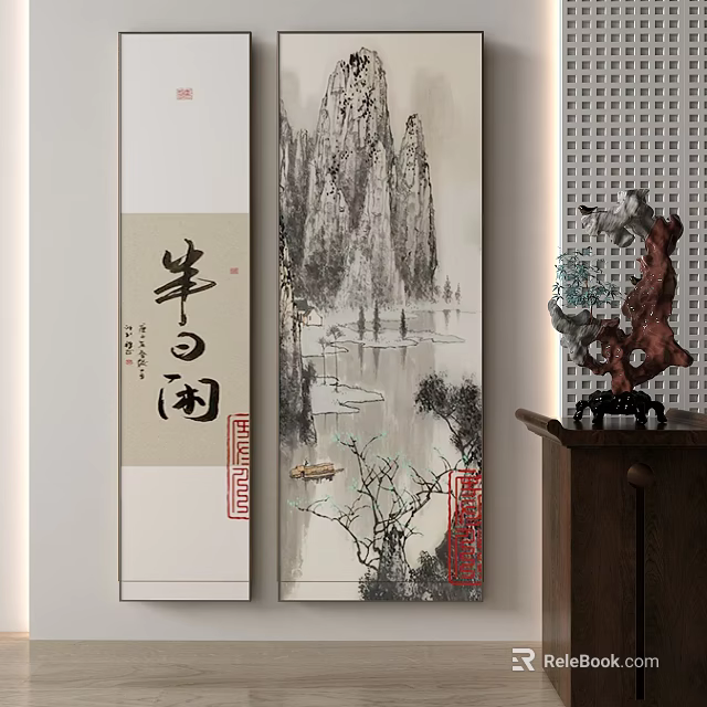 Traditional Chinese Interior Decor With Calligraphy Scroll Landscape Painting And Ornamental Sculpture 3d model 