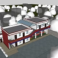 Fire Station Building With Red And White Exterior Surrounded By Trees And Parking Area