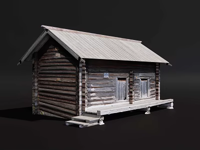 Rustic Log Cabin With Gray Roof Wooden Door Windows And Platform Steps 3d model