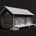 Rustic Log Cabin With Gray Roof Wooden Door Windows And Platform Steps