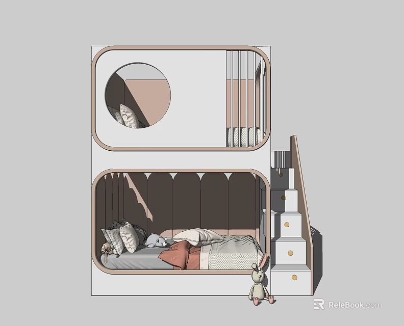 Cozy Kids Bunk Bed Design With Stairs And Stuffed Animal In Bedroom 3d model 