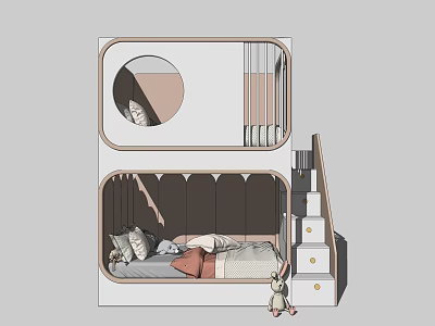 Cozy Kids Bunk Bed Design With Stairs And Stuffed Animal In Bedroom 3d model