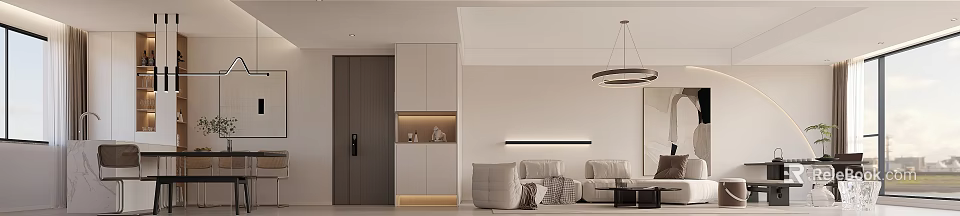 Modern Minimalist Living Dining Room With Neutral Tones Lighting Fixtures And Storage Cabinets 3d model 