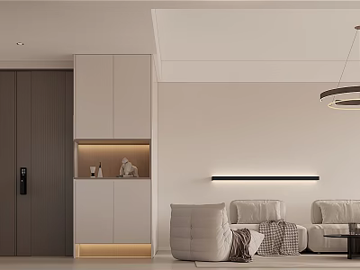 Modern Minimalist Living Dining Room With Neutral Tones Lighting Fixtures And Storage Cabinets 3d model