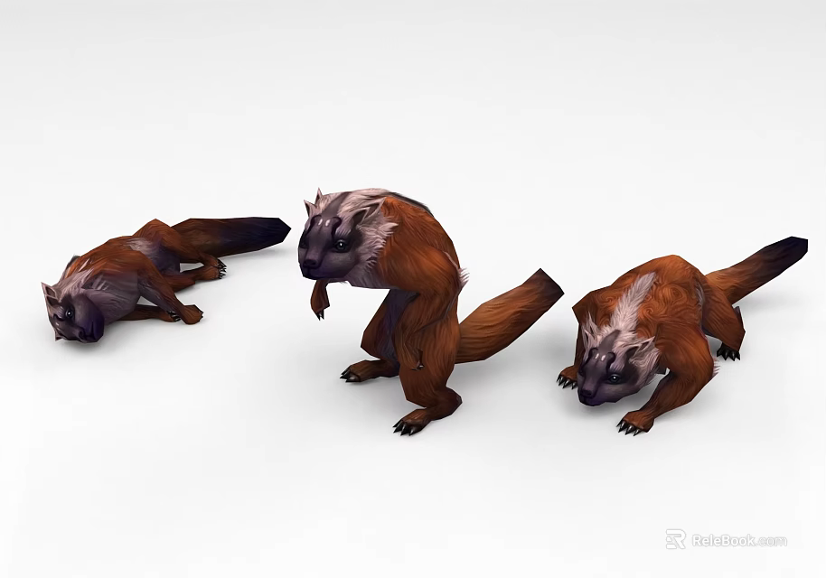 Three Brown And White Long Tailed Game Movie Characters In Different Poses 3d model 