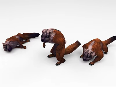 Three Brown And White Long Tailed Game Movie Characters In Different Poses 3d model