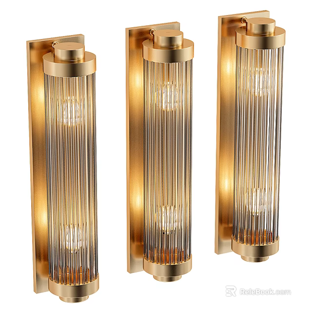 Elegant Modern Brass Wall Lamps With Gold Finish Cylindrical Glass Shade And Vertical Stripes 3d model 