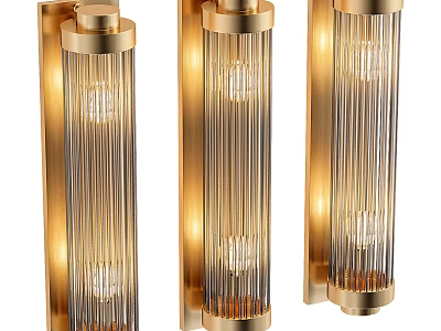 Elegant Modern Brass Wall Lamps With Gold Finish Cylindrical Glass Shade And Vertical Stripes 3d model