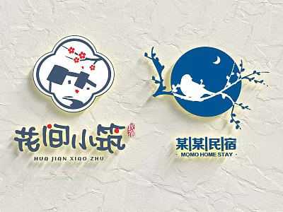 Momo Homestay Logo Design Featuring Plum Blossom Human Head Moon Branch And Bird 3d model
