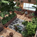 Lush Villa Balcony with Glass Roof Tall Green Plants Wooden Flooring and Outdoor Lounge Area