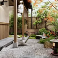 Japanese Courtyard Garden With Wooden Structure Latticed Fence Green Plants Stones Pebble Ground And Lanterns