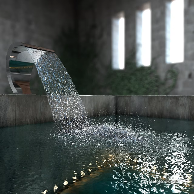Garden Ornament Water Feature With Curved Metal Structure Flowing Water Surrounded By Green Plants 3d model 