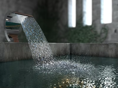 Garden Ornament Water Feature With Curved Metal Structure Flowing Water Surrounded By Green Plants 3d model