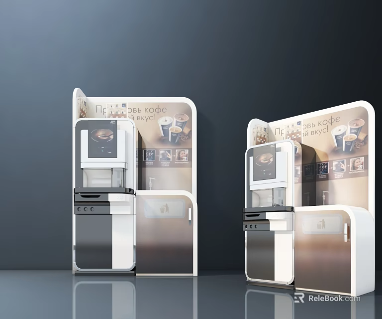 Modern Kitchen Appliances Display Cabinets Featuring Product Showcases And Posters 3d model