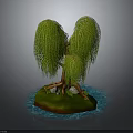 Weeping Willow Tree Featuring Green Drooping Branches On Island Surrounded By Water And Small Rocks