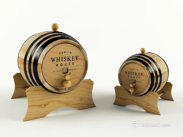 Wooden Whiskey Barrels With Whiskey House Label Metal Bands And Stands For Home Use 3d model 