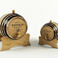 Wooden Whiskey Barrels With Whiskey House Label Metal Bands And Stands For Home Use