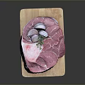 Fresh Raw Meat on Wooden Cutting Board Decorated with Fresh Herbs