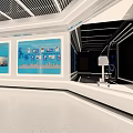 Modern Exhibition Hall Interior With White Walls Display Shelves World Map And Ceiling Lights