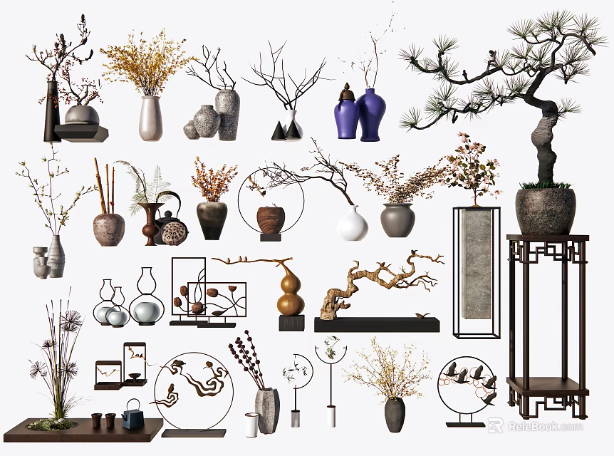 Chinese Style Decorative Ornaments Collection with Vases Branches Potted Plants and Stands 3d model 
