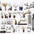 Chinese Style Decorative Ornaments Collection with Vases Branches Potted Plants and Stands