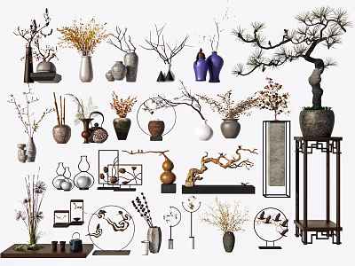 Chinese Style Decorative Ornaments Collection with Vases Branches Potted Plants and Stands 3d model