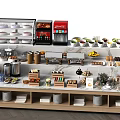 Dining Table With Dessert Display Case Coca-Cola Dispenser Fruits Bread Tableware Storage Cabinets And Plates