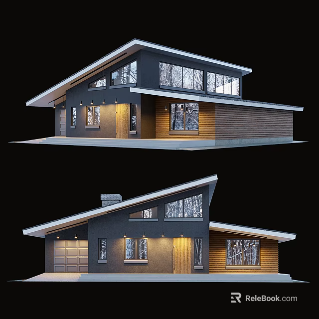 Modern Detached House Exterior Design With Large Windows Sloped Roof And Wooden Accents 3d model 
