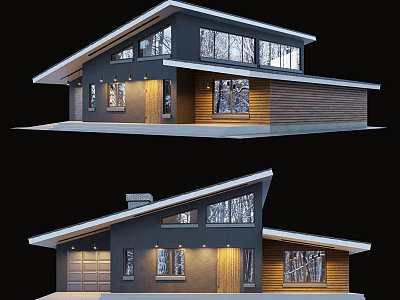 Modern Detached House Exterior Design With Large Windows Sloped Roof And Wooden Accents 3d model