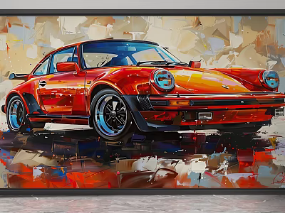 Colorful Abstract Painting Style Wall Featuring Red Porsche Sports Car Artwork 3d model