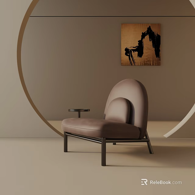 Modern Beige Leisure Chair With Curved Back Metal Legs And Abstract Painting In Minimalist Interior 3d model 