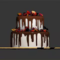 Two Tier Cake With White Frosting Chocolate Drizzle And Fresh Fruit Toppings On Blue Plate