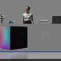 Modern Exhibition Reception Desk With Colorful Gradient Panel White Flower Bouquet Tablet Laptop And Staff