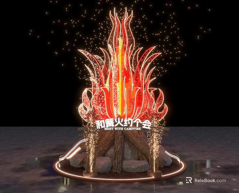 Flame Shaped Art Installation With Red Orange Illuminated Lights And Stone Base 3d model 