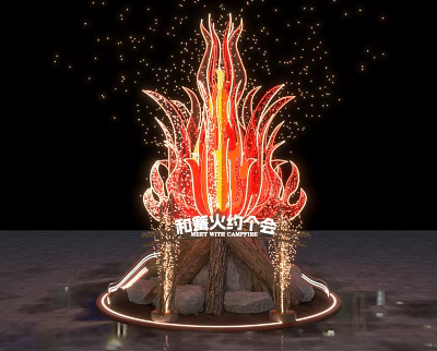 Flame Shaped Art Installation With Red Orange Illuminated Lights And Stone Base 3d model