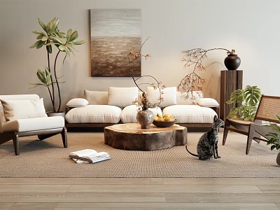 Natural Beige Sofa And Wooden Coffee Table Set With Woven Rug Green Plants And Cat 3d model