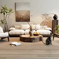 Natural Beige Sofa And Wooden Coffee Table Set With Woven Rug Green Plants And Cat