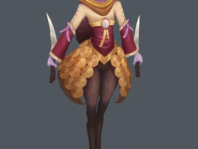 Mythical Warrior Character With Scaled Skirt And Dual Daggers In Red Yellow Outfit 3d model