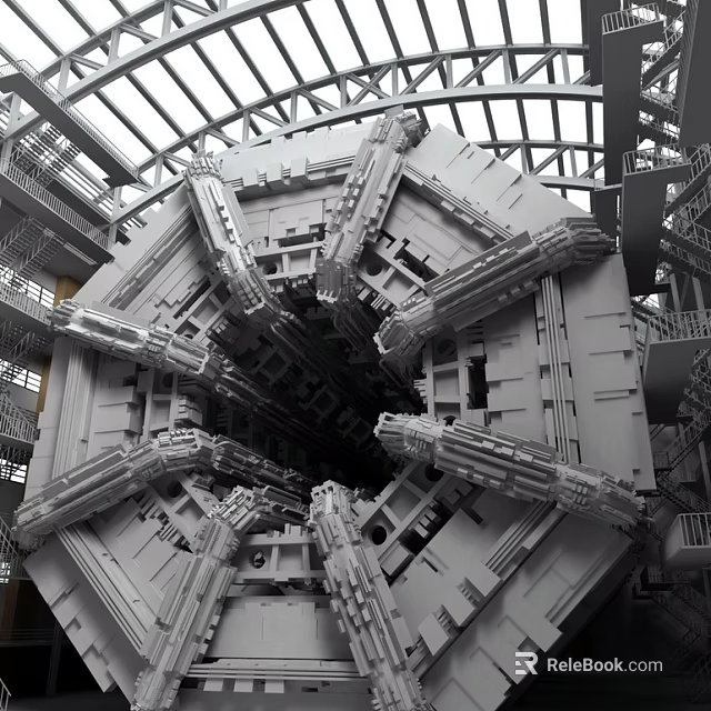 Modern Architectural Interior Landscape With Geometric Metal Framework And Multi level Platforms 3d model 