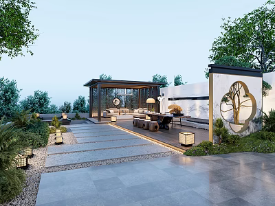 Tranquil Garden Landscape With Pavilion Stone Pathway Greenery Lanterns And Circular Decorative Wall 3d model