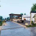 Tranquil Garden Landscape With Pavilion Stone Pathway Greenery Lanterns And Circular Decorative Wall