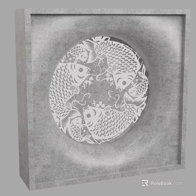 Circular Wall Decoration with Intricate Fish Patterns in White and Gray Relief Design 3d model 