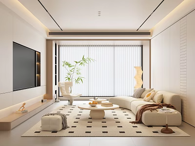 Elegant Modern Living Room Interior With Curved Sofa TV Wall And Decorative Plants 3d model