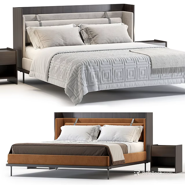 Modern Double Bed With Gray Headboard Nightstands And Geometric Pattern Bedspread Linen 3d model
